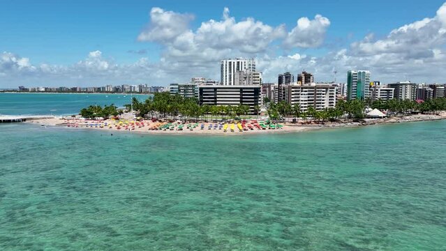 Ponta Verde Beach At Maceio Alagoas Brazil. Seascape Bay Water. Coast Sky Clouds City Seaside. Coast Exterior City Beach Panning Wide. Coast Seaside Lifestyle Landmark. Maceio Alagoas.
