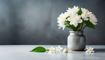 Flower composition. White jasmine flowers in vase on gray concrete background with copy space. Side view. Wedding or anniversary card