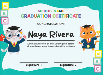 Cute diploma certificate template for preschool, kindergarten or primary school student. A cute and kawaii cat holding the graduation certificate trophy. Vector file.