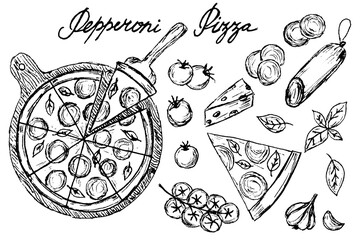 Hand illustrated sketch with pepperoni pizza slices, round on a tray, tomatoes, salami, basil and garlic.Handwritten word "pepperoni pizza".Fast street food background.