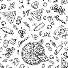 Hand illustrated seamless pattern with pepperoni pizza slices, round on a tray, tomatoes, salami, basil and garlic.Handwritten word "pepperoni pizza".Fast street food background.