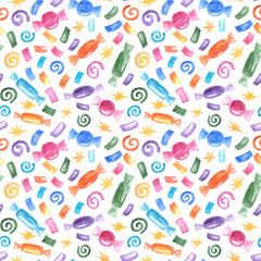Hand drawn watercolor bright christmas, birthday,halloween party seamless pattern with many sweet candies,stars,confetti,serpantine.Colorful celebration background