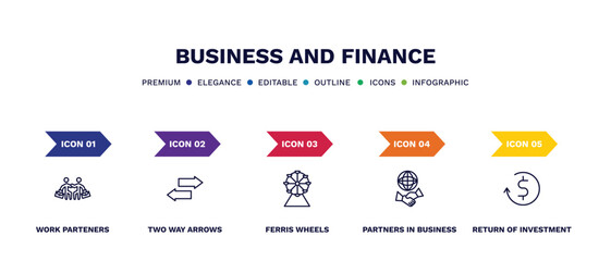 set of business and finance thin line icons. business and finance outline icons with infographic template. linear icons such as work parteners, two way arrows, ferris wheels, partners in business,