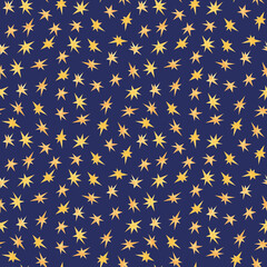 A lot of watercolor yellow stars as seamless pattern on violet backgound.Print bithday, b-day,christmas, new year cards,invitations.Aquarelle design elements