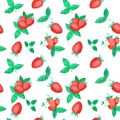Seamless summer berries pattern with ripe mature red strawberries and green leaves on white background. Isolated aquarelle watercolour element for print