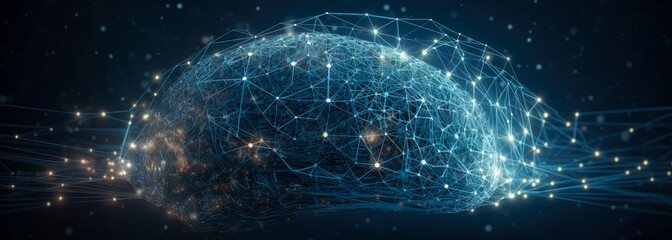 The brain is connected with different lines on a dark background, in the style of futuristic spacecraft design.  Human psyche, digital reality with brains, luminous spheres. Generative Ai. 
