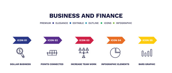 set of business and finance thin line icons. business and finance outline icons with infographic template. linear icons such as dollar business search, points connected chart, increase team work,