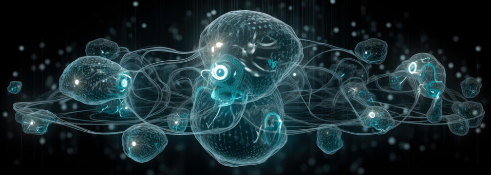The brain is connected with different lines on a dark background, in the style of futuristic spacecraft design.  Human psyche, digital reality with brains, luminous spheres. Generative Ai. 
