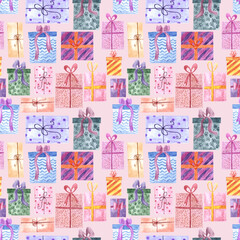 Hand drawn watercolor seamless pattern with group of gift boxes in different wrapping papers and bows on pink backdrop.Birthday christmas x-mas background