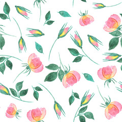 Obraz na płótnie Canvas Hand painted pink yellow gradient colored roses with green leaves as summer spring seamless pattern on white background for print cards, invitations, scrapbooking and wrapper.