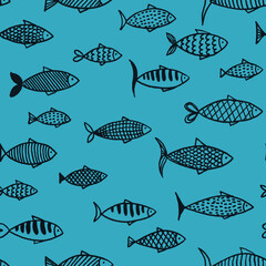 Hand drawn line art seamless pattern with many black lined different fish on blue background.Print cards,invitations,design