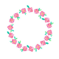 Watercolor hand drawn botanical natural frame with wild meadow tiny pink flowers with copy space in the middle. Isolated on white aquarelle design foliage element