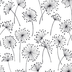 Hand drawn painted botanical seamless pattern with black line art dandelion. Floral minimalistic white background with spring summer flowers.