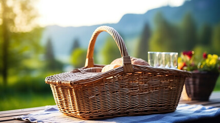 Picnic basket on a table against the background of nature. Rest and summer mood. Generative Ai