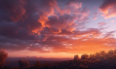  a beautiful sunset with clouds and trees in the foreground.  generative ai