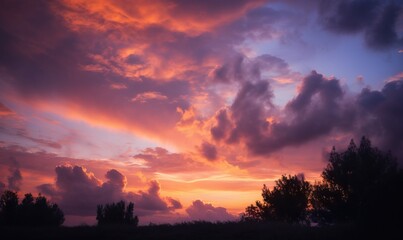 Fototapeta premium a sunset with clouds and trees in the foreground and a blue sky in the background. generative ai