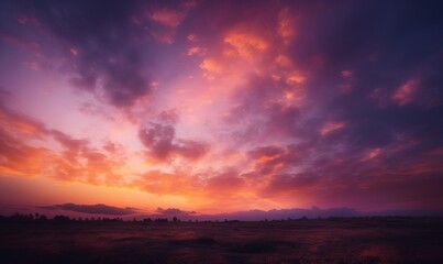 Fototapeta na wymiar a beautiful sunset with clouds in the sky above a field. generative ai
