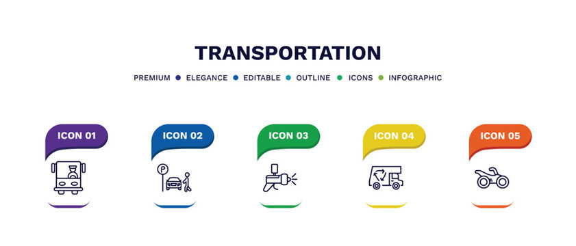 set of transportation thin line icons. transportation outline icons with infographic template. linear icons such as bus front with driver, parking men, car painting, recycling truck, motorbike