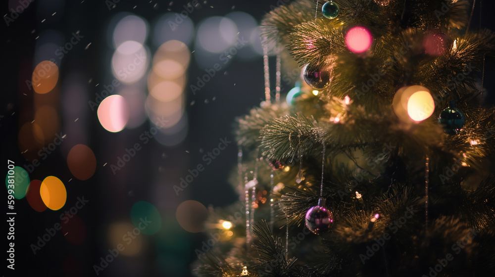 Wall mural decorated christmas tree with bokeh background. generative ai