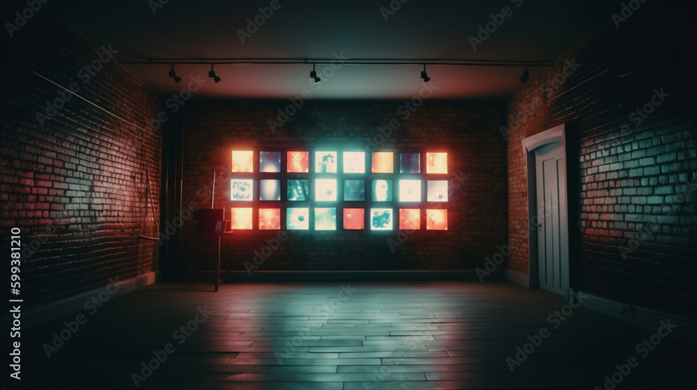 Poster Background of an empty room with brick walls and neon Generative AI 