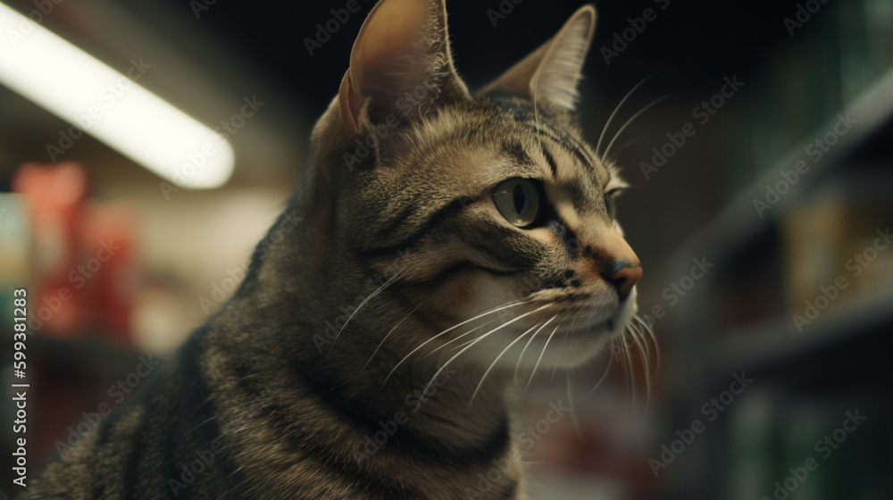 Poster cat at the supermarket cinematic style single shot generative ai