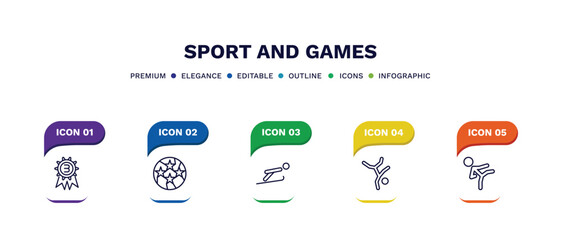 set of sport and games thin line icons. sport and games outline icons with infographic template. linear icons such as third, soccer football ball, jumping ski, breakdance, karate fighter vector.