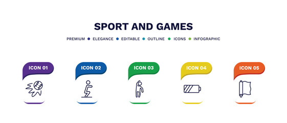 set of sport and games thin line icons. sport and games outline icons with infographic template. linear icons such as home run, squat, left bend, batter, foil vector.