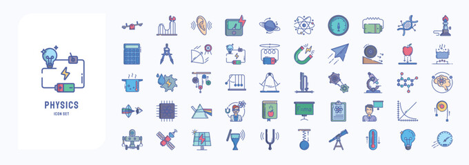 A collection sheet of linear color icons for Physics and science, including icons like atom, Ammeter, Burner, Gravity and more