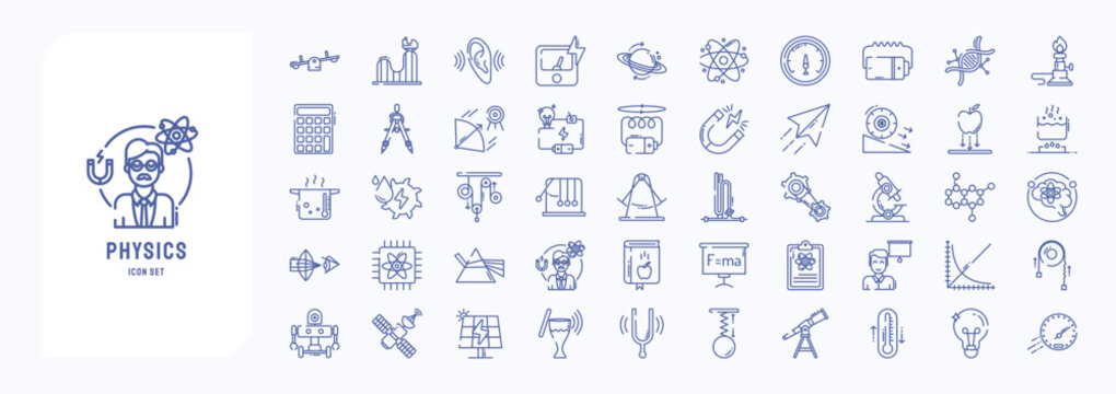A collection sheet of outline icons for Physics and science, including icons like atom, Ammeter, Burner, Gravity and more