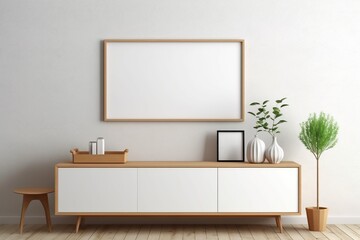 Wooden Picture Frame Mockup Template in Modern Minimalistic Living Room. Generative AI.