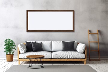 Black Picture Frame Mockup Template in Modern Minimalistic Living Room. Generative AI.