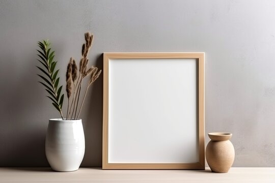 Wooden Picture Frame Mockup Template in Modern Minimalistic Living Room. Generative AI. © Henry Letham