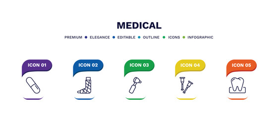 set of medical thin line icons. medical outline icons with infographic template. linear icons such as pill, plastered foot, otoscope, crutch, molar vector.