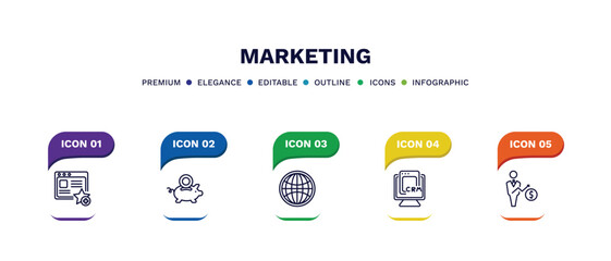 set of marketing thin line icons. marketing outline icons with infographic template. linear icons such as favorite web, pig bank, web graphic, crm, salesman vector.