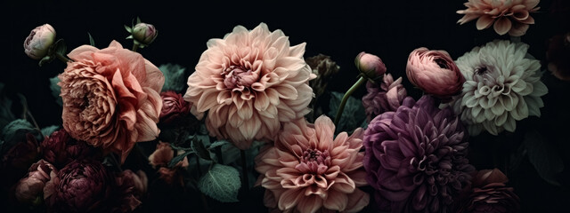 Flowers in a black background, in the style of pastel tones, vintage modernism, lush and detailed, muted color palette. Generative Ai. 