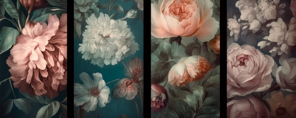 Flowers in a black background, in the style of pastel tones, vintage modernism, lush and detailed, muted color palette. Generative Ai. 