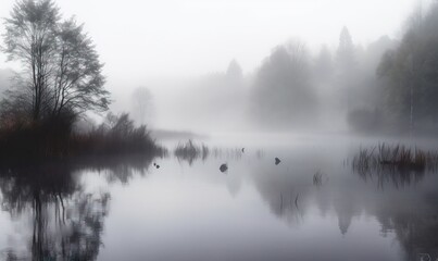  a foggy lake surrounded by trees and birds in the water.  generative ai