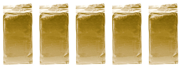 vacuum golden packaging with foil on a white background. mockup blank packaging for coffee. ground coffee sale concept