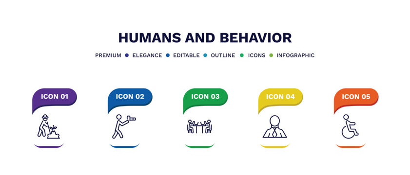 set of humans and behavior thin line icons. humans and behavior outline icons with infographic template. linear icons such as gardener with hat, nature photographer, public work, businessman with