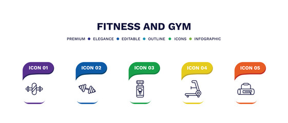 set of fitness and gym thin line icons. fitness and gym outline icons with infographic template. linear icons such as gymnastic roller, little dumbbell, broccoli porcion, rowing hine, gym bag