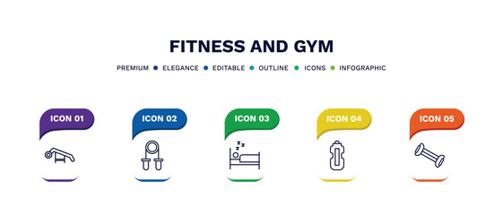 set of fitness and gym thin line icons. fitness and gym outline icons with infographic template. linear icons such as simulator for press, grip, sleep, hydratation, chest expanders vector.