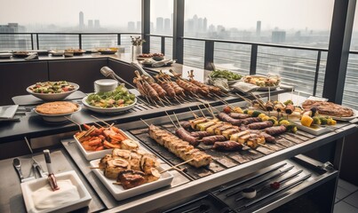  a buffet of food on a balcony overlooking a cityscape.  generative ai