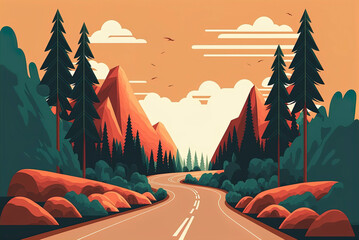 Road on background of natural landscape, road in green valley, mountains, hills, trees, clouds and sun on the sky, flat simple illustration, countryside with empty road and mountains, generative ai