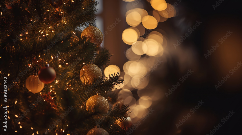 Wall mural decorated christmas tree with bokeh background. generative ai