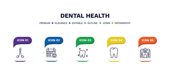 set of dental health thin line icons. dental health outline icons with infographic template. linear icons such as dentist scissors, dental appointment, white teeth, clinic vector.