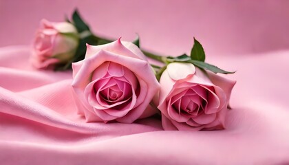 Fototapeta premium Pink rose in pink silk background. Generative AI