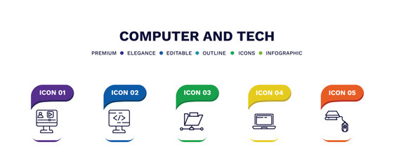 set of computer and tech thin line icons. computer and tech outline icons with infographic template. linear icons such as video lecture, computing code, connected folder data, laptop computer