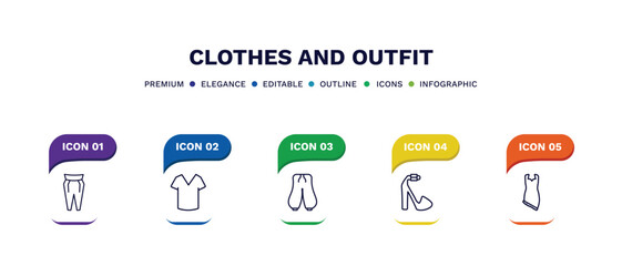 set of clothes and outfit thin line icons. clothes and outfit outline icons with infographic template. linear icons such as pegged pants, v neck shirt, harem pants, platform sandals, jersey wrap