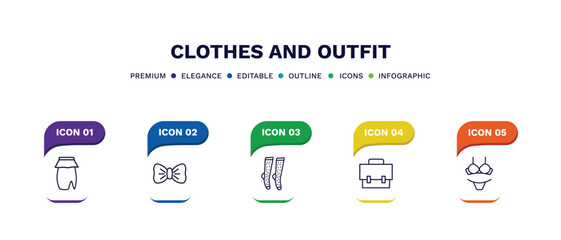 set of clothes and outfit thin line icons. clothes and outfit outline icons with infographic template. linear icons such as peplum skirt, bow tie, women socks, messenger bag, lingerine vector.