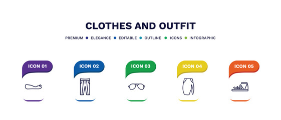 set of clothes and outfit thin line icons. clothes and outfit outline icons with infographic template. linear icons such as flat shoes, oxford wave suit pants, pilot sunglasses, slit skirt,